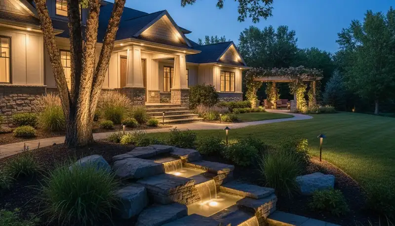 Professional landscape lighting highlighting water and architecture in Grand Rapids, MI yard at night