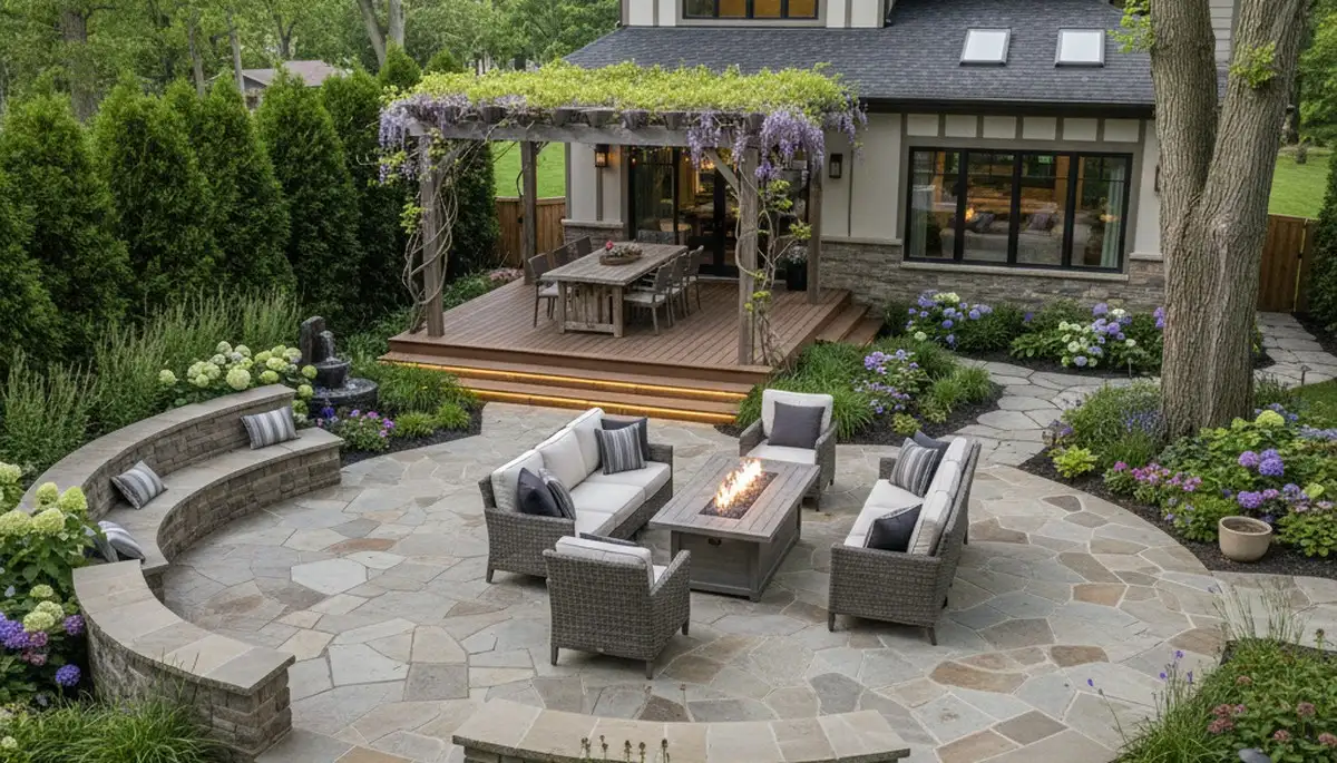 Backyard patio landscaping with hardscape and lighting in Grand Rapids, MI by Chop Chop Landscaping