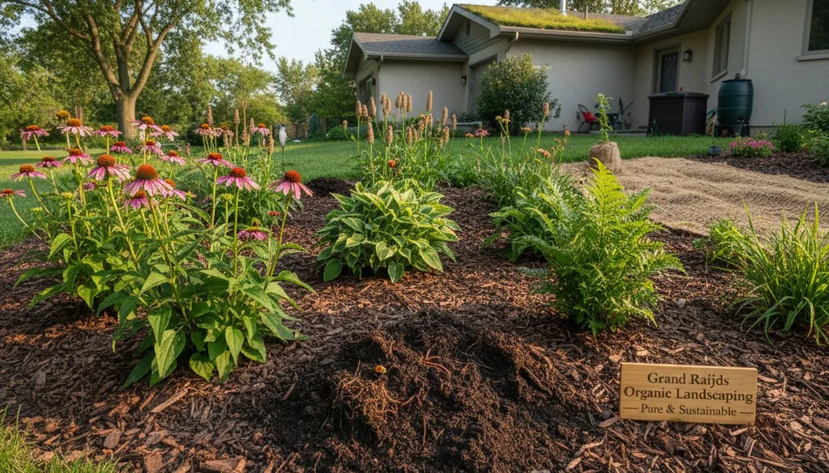 Organic landscape beds with natural mulch and native plants in Grand Rapids MI by Chop Chop Landscaping