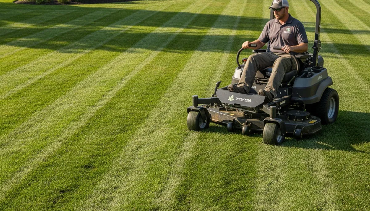 Close-up of freshly cut green lawn showing expert mowing precision in Grand Rapids, MI landscaping service