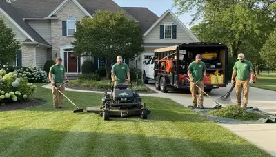 Professional landscaping crew mowing and edging a residential lawn in Grand Rapids, MI