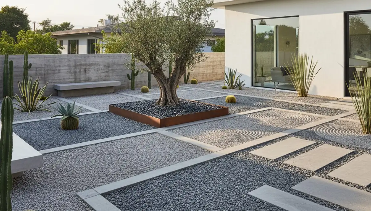 Modern pea gravel landscape with geometric design by Chop Chop Landscaping in Grand Rapids, MI