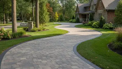 Curved paver driveway design by professional landscapers in Grand Rapids, MI