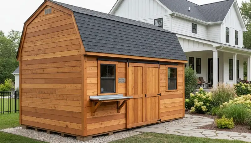 Custom-built shed installation with matching home design by Chop Chop Landscaping in Grand Rapids, MI
