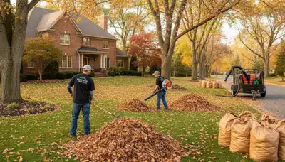 Landscapers performing fall leaf removal and yard clean up at a residential lawn in Grand Rapids, MI