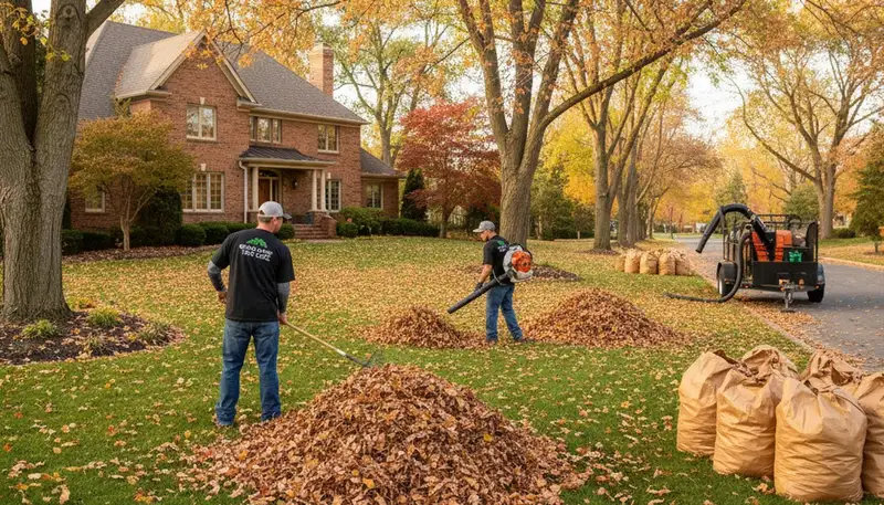 Landscapers performing fall leaf removal and yard clean up at a residential lawn in Grand Rapids, MI