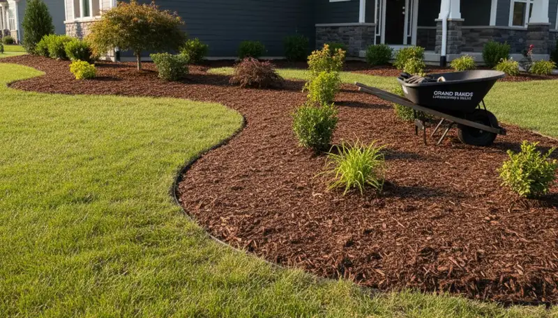 Fresh mulch installation with clean edges and rich color in Grand Rapids, MI landscape beds