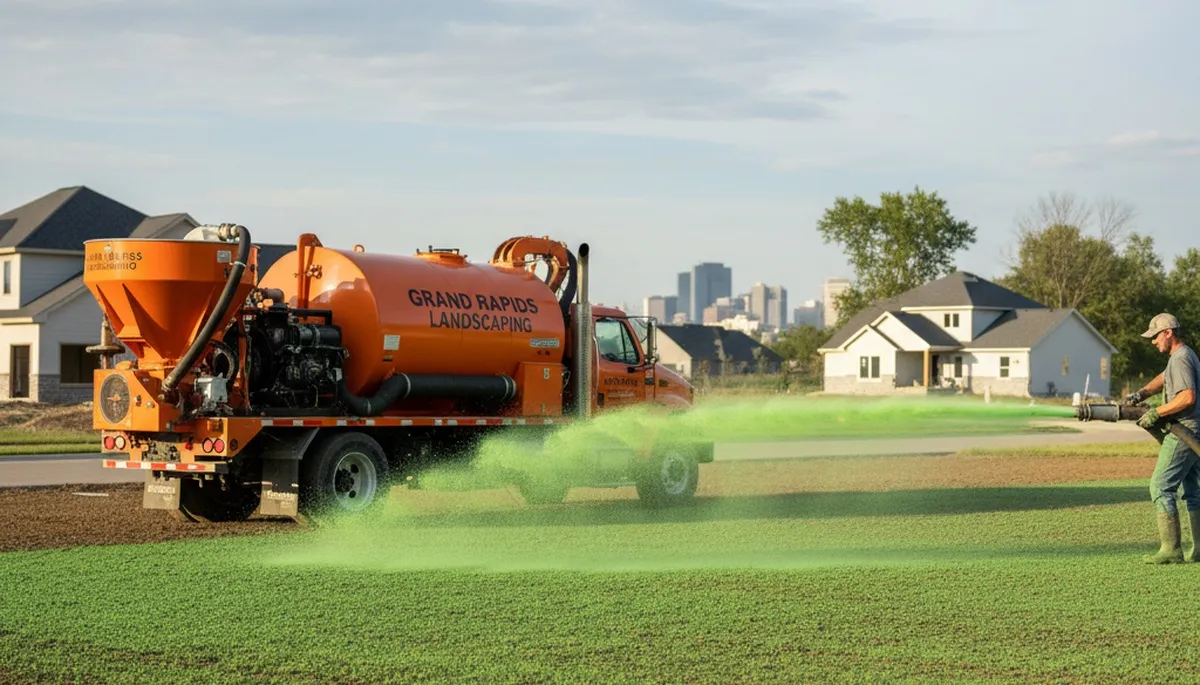 Hydroseeder truck spraying green slurry for new lawn installation in Grand Rapids, MI