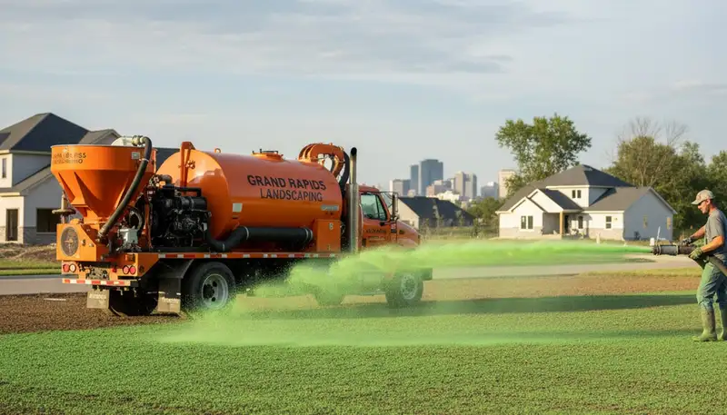 Hydroseeder truck spraying green slurry for new lawn installation in Grand Rapids, MI