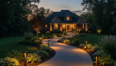 Warmly lit walkway with path lights at dusk by Chop Chop Landscaping in Grand Rapids, MI