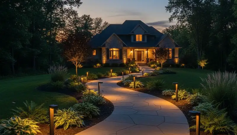Warmly lit walkway with path lights at dusk by Chop Chop Landscaping in Grand Rapids, MI