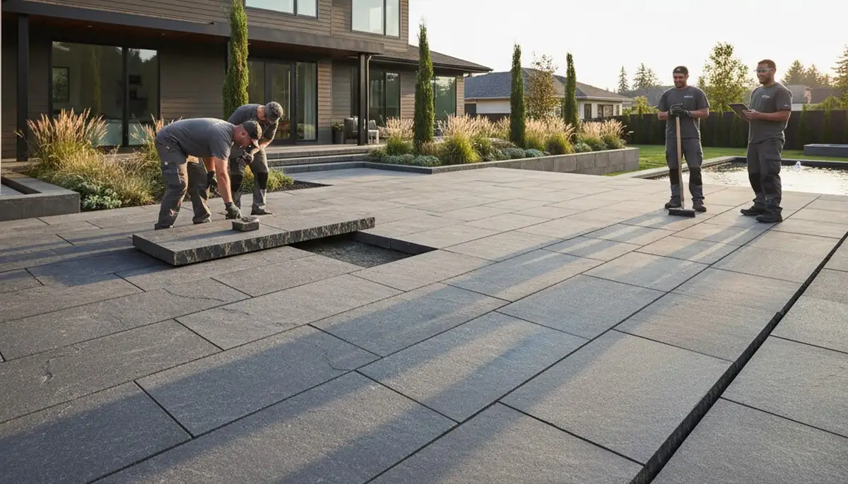Modern large stone paver installation in Grand Rapids MI with clean lines and expert landscaping craftsmanship