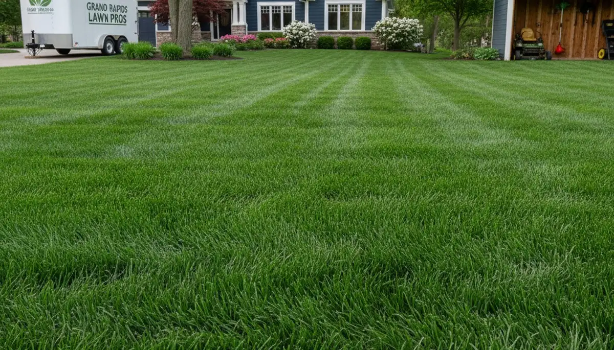 Lush green residential lawn cared by Chop Chop Landscaping in Grand Rapids, MI showing healthy turf results