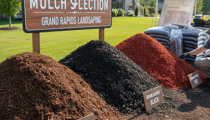 Brown, black, and red mulch color options displayed by Chop Chop Landscaping in Grand Rapids, MI