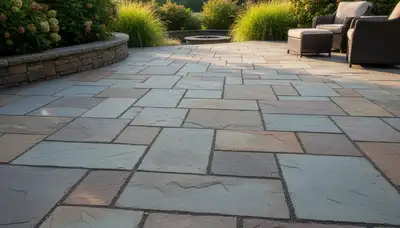 Flagstone patio with natural slate pavers installed by Chop Chop Landscaping in Grand Rapids, MI