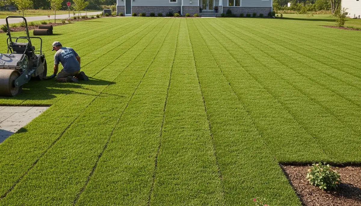 Freshly installed green sod lawn in Grand Rapids, MI by Chop Chop Landscaping showing lush, even turf