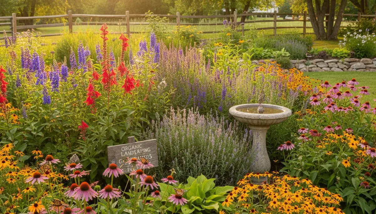 Pollinator-friendly native flower garden with bees and butterflies by organic landscapers in Grand Rapids, MI