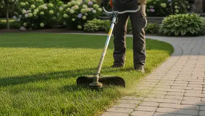 Technician edging lawn with string trimmer for clean finish in Grand Rapids MI lawn maintenance service