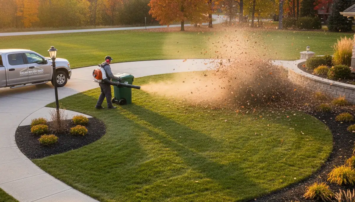 Technician using leaf blower for lawn debris cleanup in Grand Rapids, MI yard maintenance service