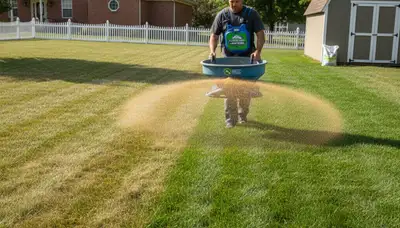 Lawn care professional applying fertilizer with broadcast spreader in Grand Rapids, MI yard