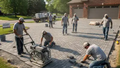 Professional crew installing driveway pavers in Grand Rapids, MI for Chop Chop Landscaping