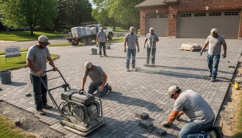 Professional crew installing driveway pavers in Grand Rapids, MI for Chop Chop Landscaping