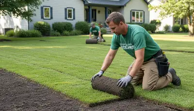 Professional landscaper installing sod rolls in Grand Rapids, MI for seamless lawn turf placement