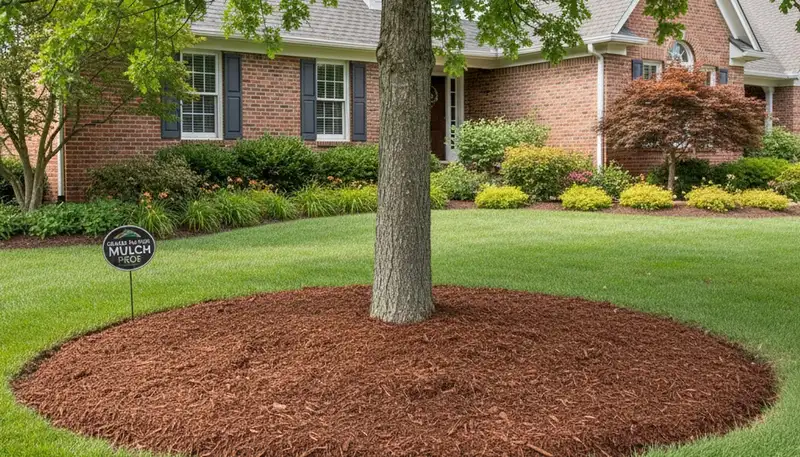 Professional tree ring mulch installation around tree base in Grand Rapids, MI landscaping service