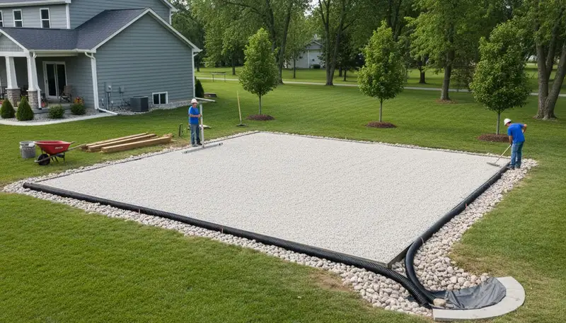 Professional shed foundation base preparation by landscaping experts in Grand Rapids, MI