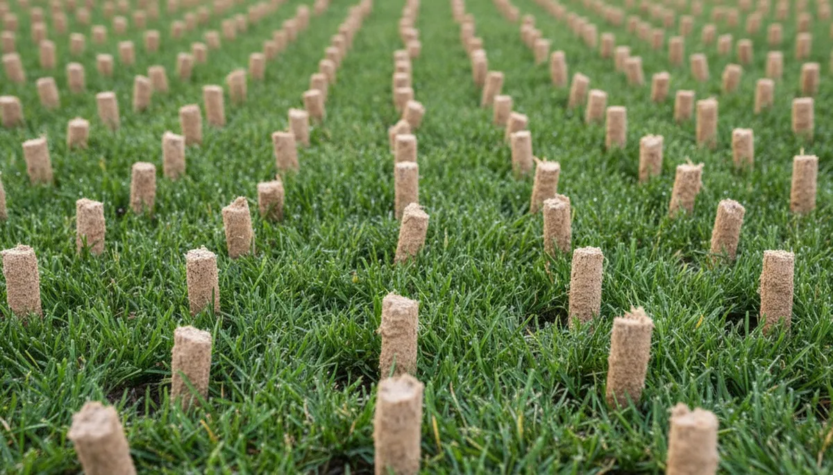 Close-up soil core plugs from lawn aeration showing soil profile in Grand Rapids, MI landscaping service