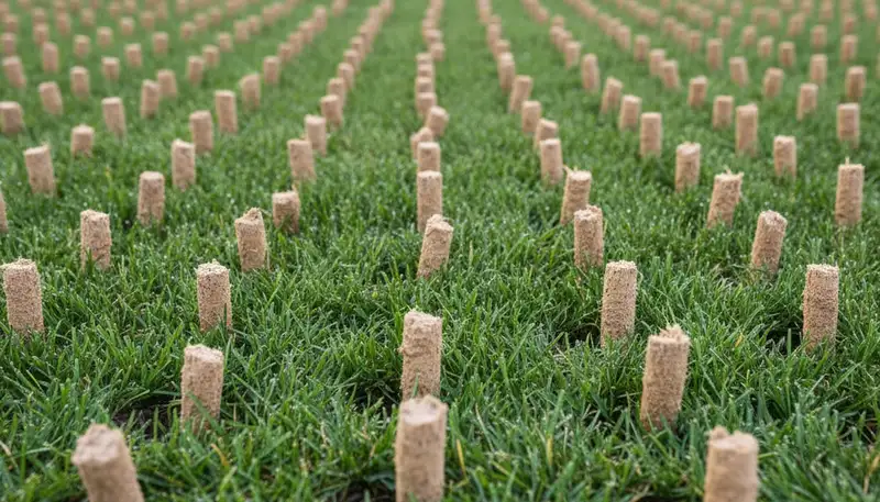 Close-up soil core plugs from lawn aeration showing soil profile in Grand Rapids, MI landscaping service