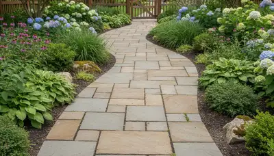 Professional stone paver walkway installation in landscaped yard, Grand Rapids, MI