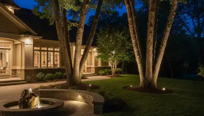 Tree uplighting landscape lighting design in Grand Rapids MI highlighting mature trees at night