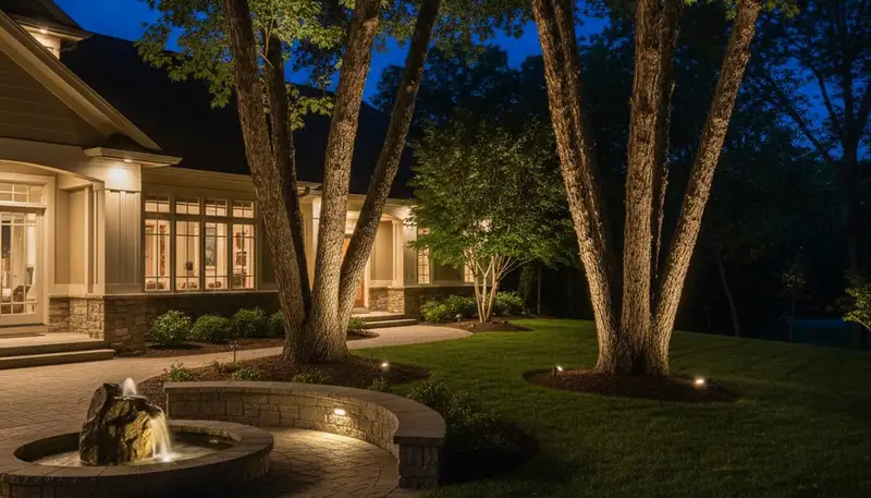 Tree uplighting landscape lighting design in Grand Rapids MI highlighting mature trees at night
